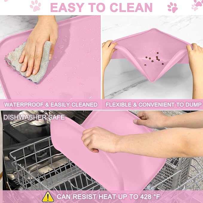 SMILOOL Waterproof Silicone Pet Food Mat with Raised Edge for Dog & Cat | 22" x 14" Non-Slip Pet Feeding Mats with Lip for Food & Water Bowl, Food Grade, Easy Cleaning, Pink