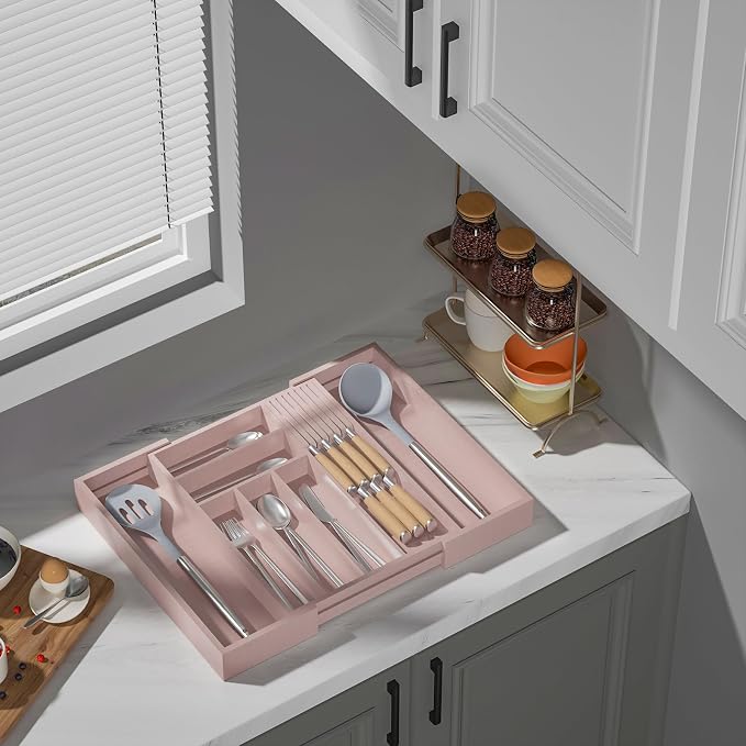 TIOPGHAD Bamboo-Silverware-Drawer-Organizer-Kitchen, Expandable Utensil Holder Cutlery Tray Flatware Organization Adjustable Wood Tableware Dividers Storage (with Removable Knife Block)(Grey Pink)