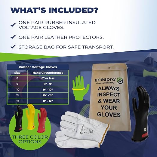 Enespro Class 0 Insulated Electrical Gloves Kit, 1000V AC/1500V DC, Size 9 | ASTM D120 and NFPA 70E Rubber Glove Set with Leather Protectors and Storage Bag for Power Crews and Utility Workers, Black