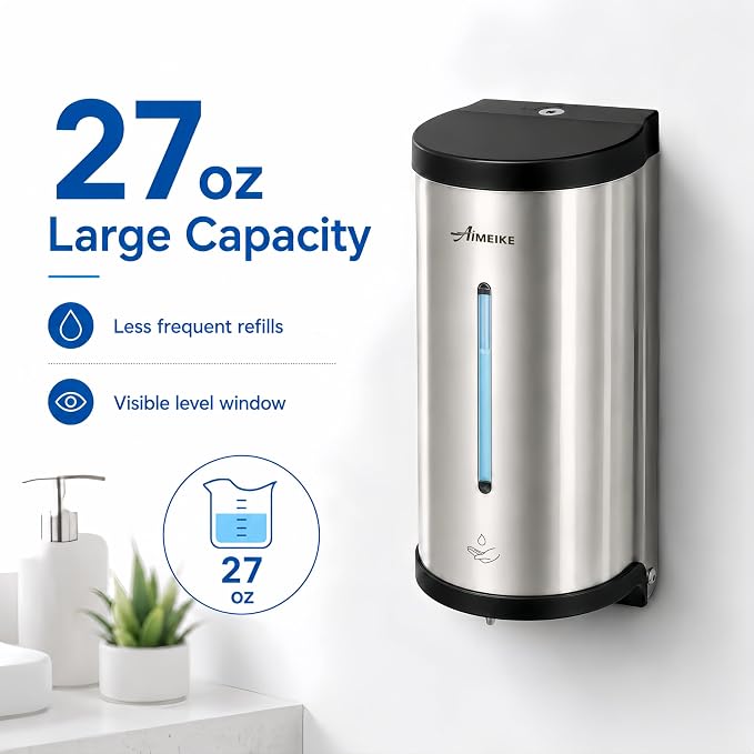 Automatic Wall-Mount Soap Dispenser, 800 mL Stainless Steel | Touchless 800 mL wall dispenser with viewing window, keyed lock and low-liquid indicator; requires 6 AA batteries.