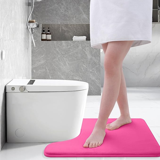 Smiry Memory Foam Toilet Rugs U-Shaped 24x20, Extra Soft Absorbent Non-Slip Contour Bathroom Rugs, Machine Washable Bath Mats for Toilet, Deep Pink