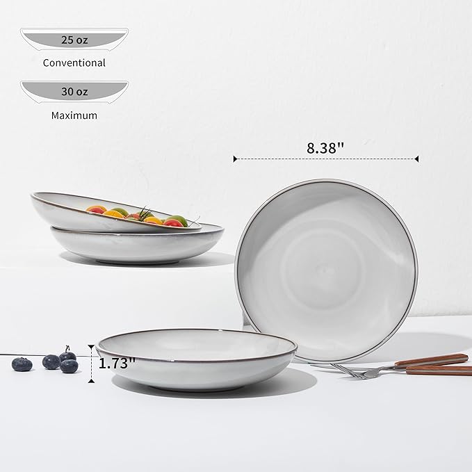 Pokini 16 Piece Double Bowl Dinnerware Sets with Pasta Bowls, Highly Chip and Crack Resistant Plates and Bowls Sets, Natural Earthyware Ceramic Dishware Sets, Service for 4 Moonstone White