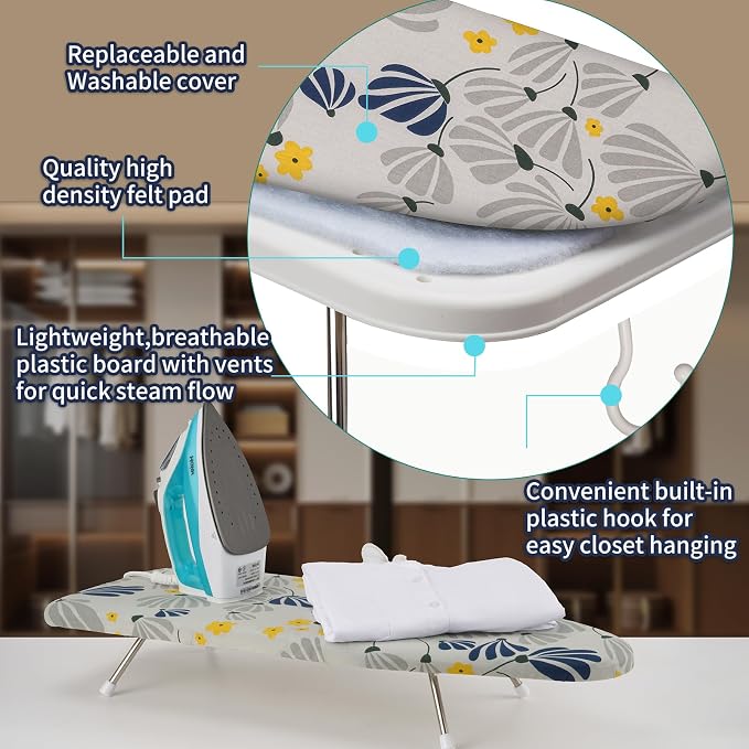 Tabletop Ironing Board 12"x29" – Portable Folding Ironing Board with Thick Felt Padding, Heat-Resistant Cover, Stainless Steel Legs, Compact & Space-Saving Design (Dandelion)