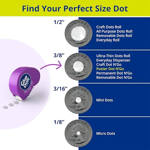 Glue Dots, Poster Dots Dot N' Go Dispenser, Removable, Double-Sided, 3/8", .38 Inch, 1200 Dots, DIY Craft Glue Tape, Sticky Adhesive Glue Points, Liquid Glue Alternative, Clear, 6 Pack
