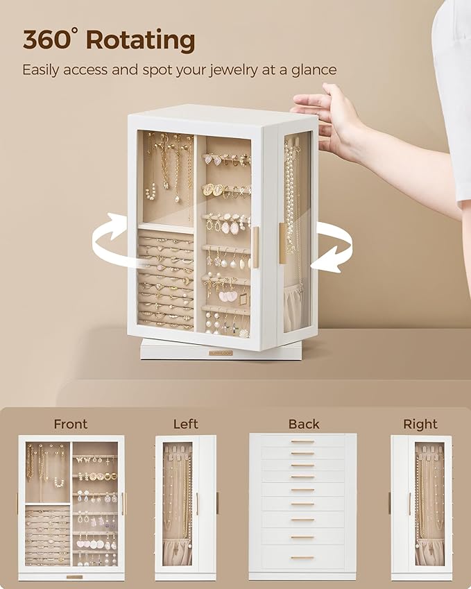 Glimmloop 360° Rotating Jewelry Box with 9 Drawers, Spacious Vertical Jewelry Organizer with Glass Window, Jewelry Storage Case, Dustproof & Moisture-resistant Design, White