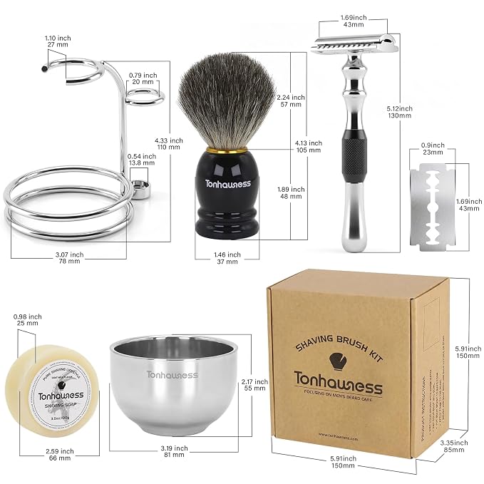 5 In 1 Manual Shaving Kit For Men Includes Badger Hair Shaving Brushes Set, Double Edge Safety Razor, Stainless Steel Shaving Bowl&Stand and Goat Milk Shaving Soap