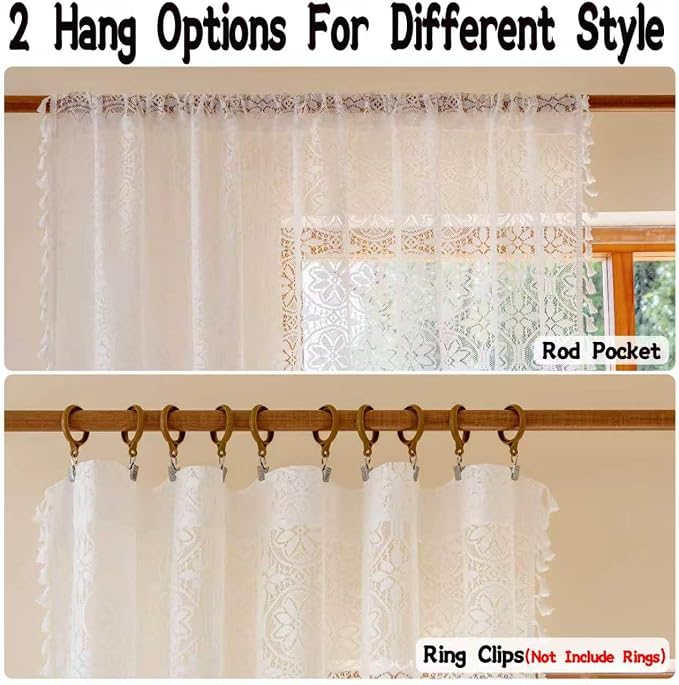 Sutuo Home Boho Lace Curtains 96 inches Long,Semi Sheer Curtains for Living Room Bedroom Farmhouse Floral Victorian Privacy Crochet Vintage Tassels Cottagecore Decor Rod Pocket, 2 Panels 50" W,White