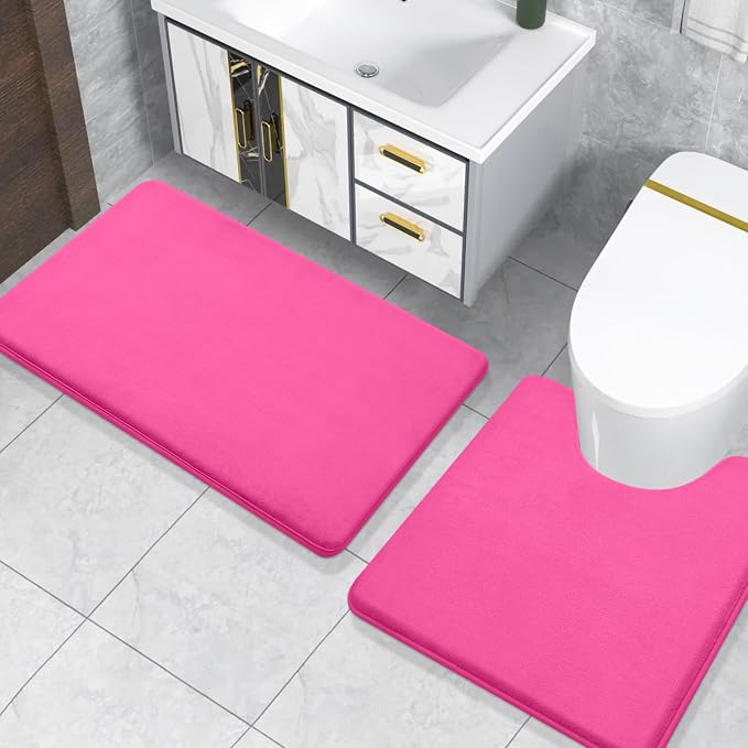Smiry Memory Foam Toilet Rugs U-Shaped 24x20, Extra Soft Absorbent Non-Slip Contour Bathroom Rugs, Machine Washable Bath Mats for Toilet, Deep Pink