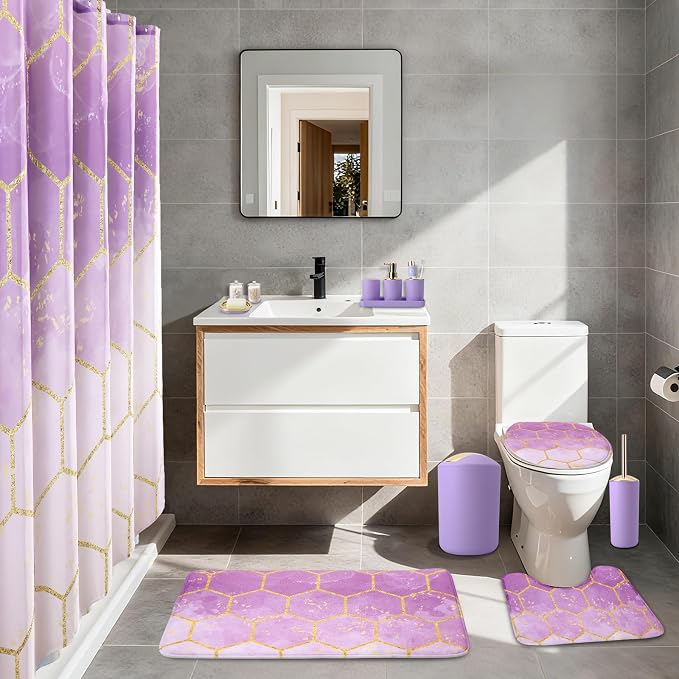 25 Pieces Bathroom Set Purple and Gold Bathroom Accessories Set, Shower Curtain and Rugs, Trash Can, Toilet Brush, Soap Dispenser, Soap Dish, Toothbrush Holder, Tumbler, Tray, Qtip Holder