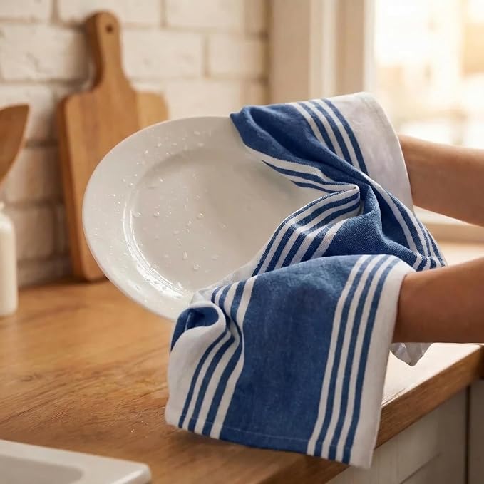 Urban Villa Kitchen Towels Cotton Dish Towels 20”x30” (Set of 6) Blue Wht