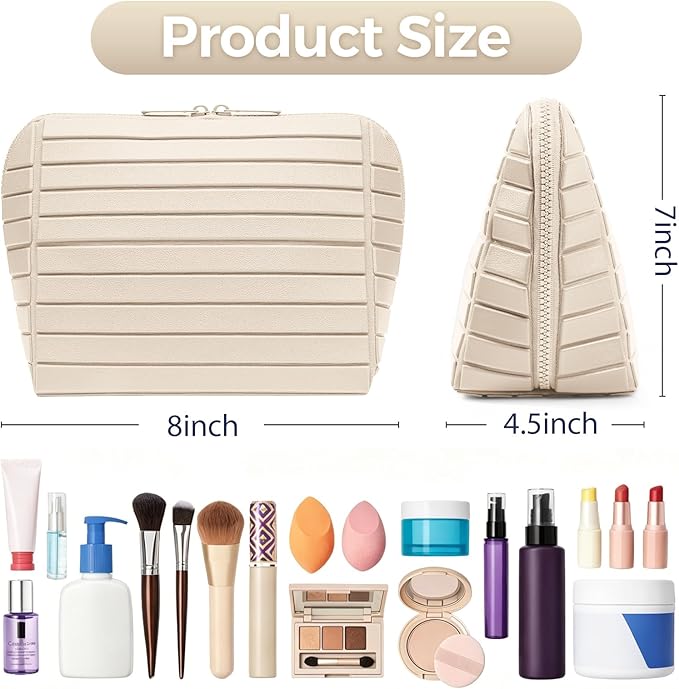 Travel Makeup Organizer Bag with Fold-Down Design and Adjustable Dividers, 27 Pockets & 3 Brush Storage Holders, Large Capacity Cosmetic Bags Toiletry Case - White