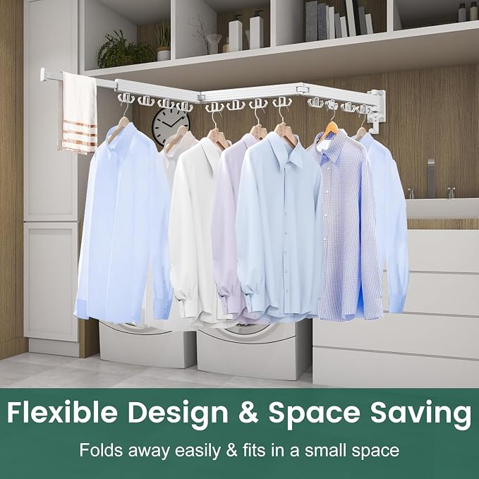 Kelisiting Wall Mounted Clothes Drying Rack, Laundry Drying Rack Wall Mount, 3-Fold Drying Rack Clothing, Foldable Clothes Drying Rack with 12 Dual Hooks Organization for Laundry Room Indoor - White
