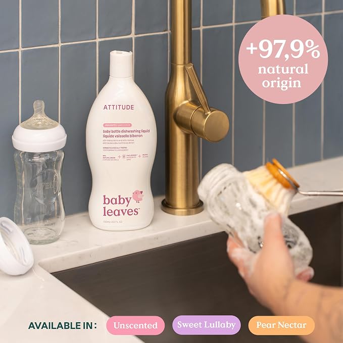 ATTITUDE Baby Bottle & Dish Soap, EWG Verified Bottle Cleaner, Fragrance Free & Dye Free, Removes Milk Residue & Grease, Vegan, Unscented, 23.7 Fl Oz (Pack of 3)