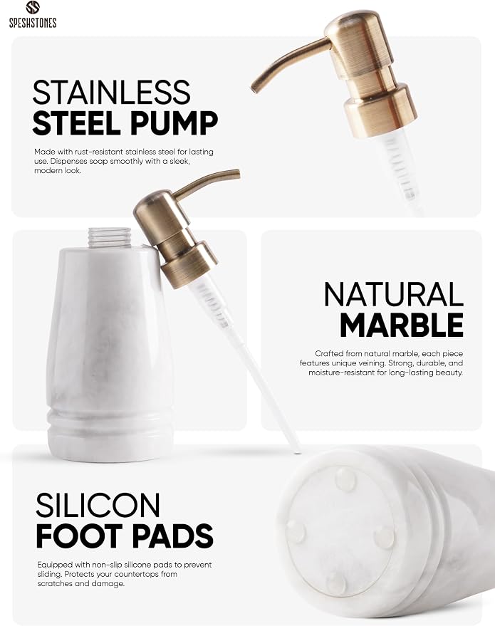 Marble Soap Dispenser 7.5'' White Dish Soap Dispenser with Stainless Steel Pump, Refillable Liquid Hand Soap Dispenser with 8.5 Oz Capacity for Kitchen Sink and Bathroom Countertop