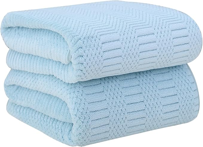 JML Microfiber Bath Towels, Light Blue, 30" x 60", 2 Pack | Hanging Hook, Lint Free, Oversized, Soft, Super Absorbent, Fast Drying, Use for Sport, Fitness, Yoga, Diamond Cross Grid