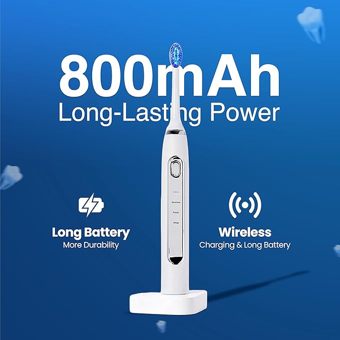 Puur Smile Soft Bristle Electric Toothbrush - 2 (Blue led) Brush Heads for Adults | 4 Cleaning Modes with Smart Timer, IPX7 Waterproof, Long-Lasting Battery & Wireless Charging Base (White)