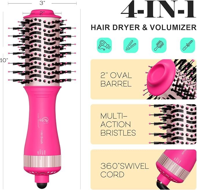 Dual Voltage Travel Hair Dryer Brush, One Step Mini Hot Air Brush Styler & Dryer, Hair Trends Nano Titanium 2 Inch Oval Shape Volumizer, Europe Travel Essentials for Women
