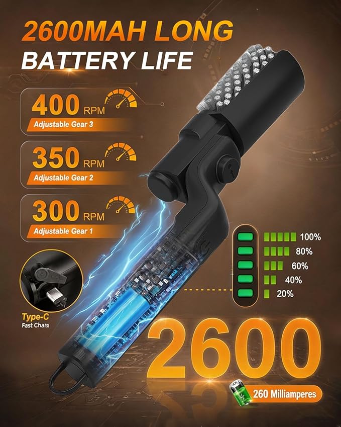 Electric Grill Brush Cordless, 3-Speed Rotary BBQ Grill Cleaner Bristle Free, 180° Adjustable, 3 Brush Heads, Rechargeable Waterproof for Outdoor Grill Cast Iron Stainless Steel