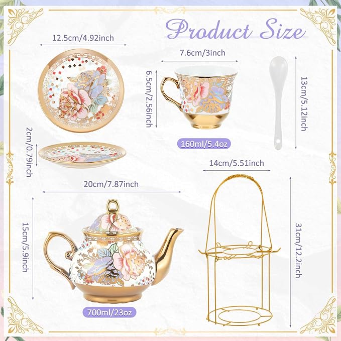 Zhehao 20 Pcs Porcelain Tea Set with Metal Holder and Spoon Adult Ceramic Tea Set European Flower Painting Teapot Cup Saucer Spoon for Women Mom Gift, Large Version (Rustic Style)
