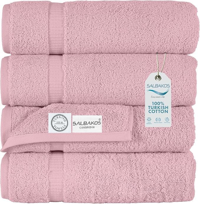 SALBAKOS 4-Piece 100% Turkish Cotton Bath Towels, 27x54 inch, Rose | Standard Size, 630 Gsm Thick Super Soft Highly Absorbent Quick-Dry Bathroom Towel, Premium Hotel & Spa Quality Made in Turkey