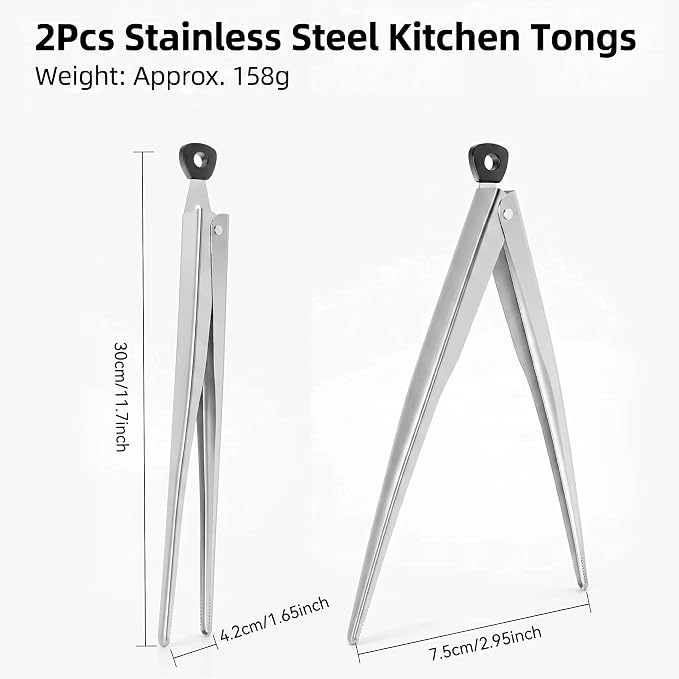 Stainless Steel Tongs 2-Pack, 11-inch Pull-Ring Locking Cooking Tongs with Non-Slip Precision Serrated Tips, Food Grade Heavy Duty Grill Tongs for BBQ, Air Fryer, Bacon, Steaks, Cooking