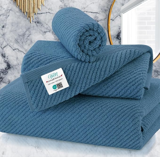 VOOVA & MOVAS 3PC Towel Set, 100% Cotton, Labrador Blue | 1 Large Bath 30x56 In, 1 Hand 18x28 In, 1 Wash Cloth 13x13 In, Quick Dry, Soft, Thick, Bathroom Essentials
