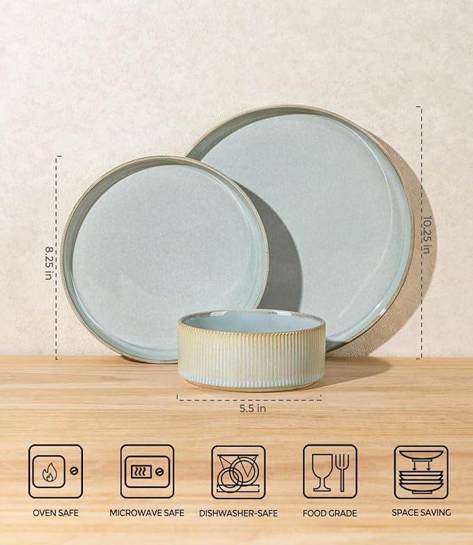 TheTerra Ceramic Dinnerware Sets for 8, 24 Pieces Porcelain Lightweight Plates and Bowls Sets, Scratch Resistant Dish Set, Oven & Microwave & Dishwasher Safe,Illusion Blue