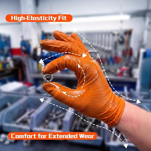 ANBOSON 10mil Nitrile-Gloves Disposable-Orange Chemical-Resistant Rubber - Mechanic Gloves Heavy Duty, Latex Free, Diamond Grip (100, Medium) | Diamond Grip,Latex Free,Chemical Resistant Disposable Thick Rubber Gloves for Auto Repair, Industrial, Food,...