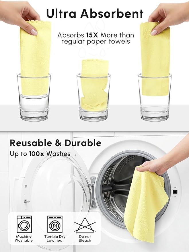 Microfiber Cleaning Cloths Roll, 75 Pack Tear Away Microfiber Towels Roll, 12" x 12" Lint Free Rags, Reusable Cleaning Cloths, Washable, Scratch Free,Ultra Absorbent Dish Rags(Yellow)