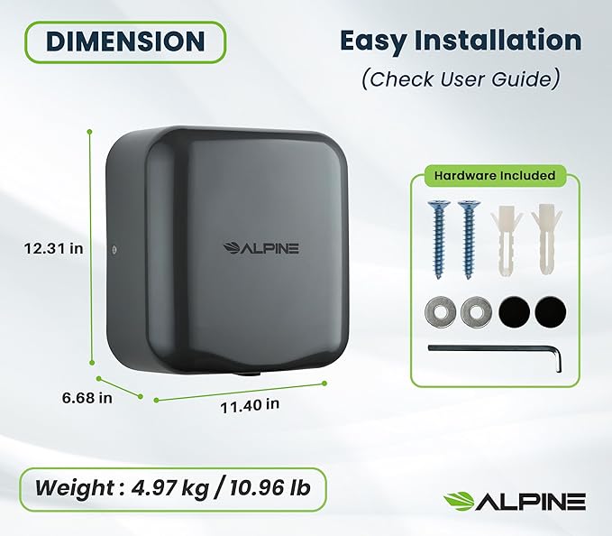 Alpine Commercial Automatic Hand Dryer - High Speed Air Hand Dryer for Home, Restaurant, Bathroom, and High Traffic Areas. 1800 Watts / 110-120 Volts (Grey)