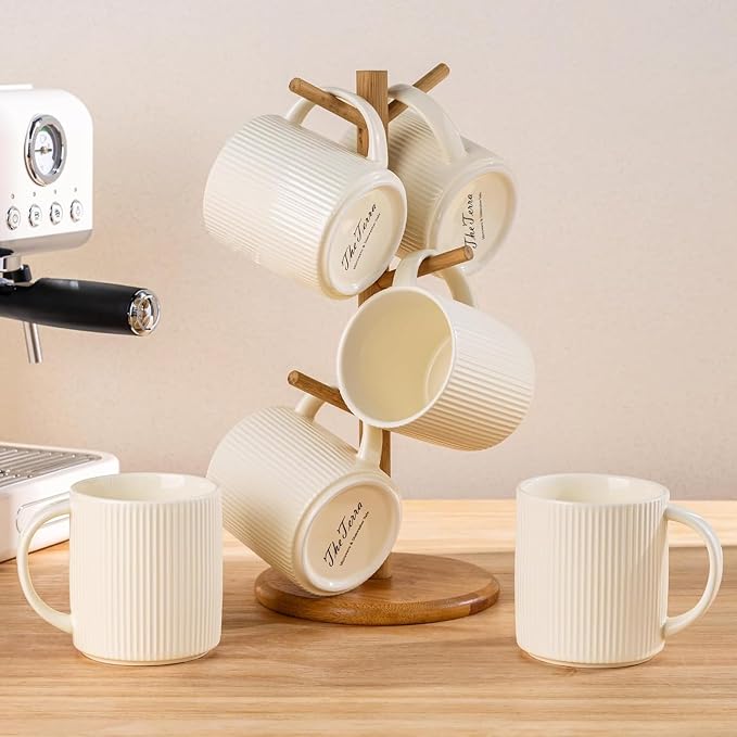 theterra Ceramic Coffee Mugs Set of 6, 14.2oz Handmade Coffee Cups with Handle for Latte, Tea, Milk, Beer, Hot Cocoa, Beige