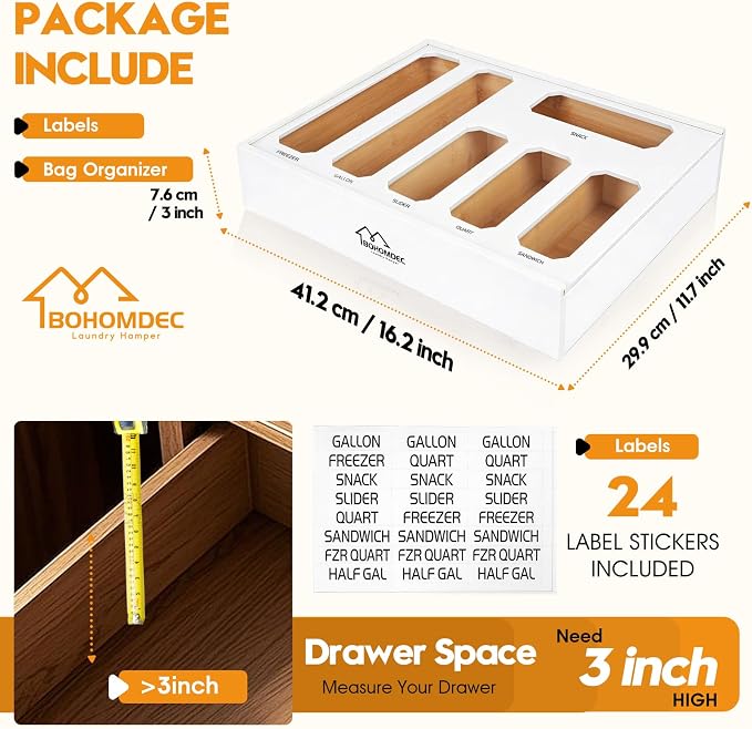 6 in 1 Bamboo Ziploc Bag Storage Organizer, White Baggie Organizer for Drawer with Sliding Lid - Fits Gallon, Quart, Sandwich, Snack & Freezer Bags, Wall Mountable Kitchen Drawer Organization