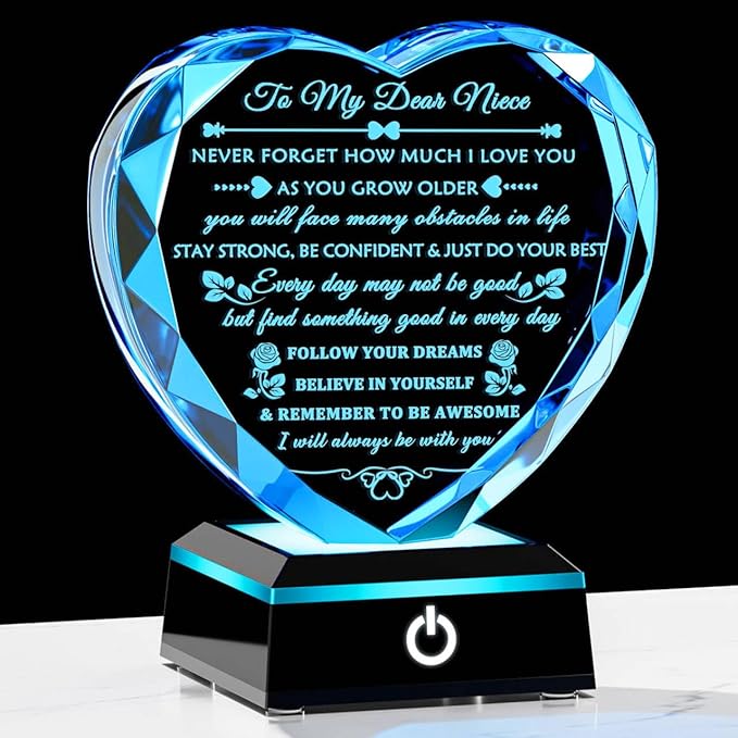 Arikyrist Niece Gifts from Auntie Uncle with Colorful LED Base, Inspirational Birthday Graduation Gifts for Niece from Aunt, Heart Crystal keepsake To My Nieces Present on Christmas