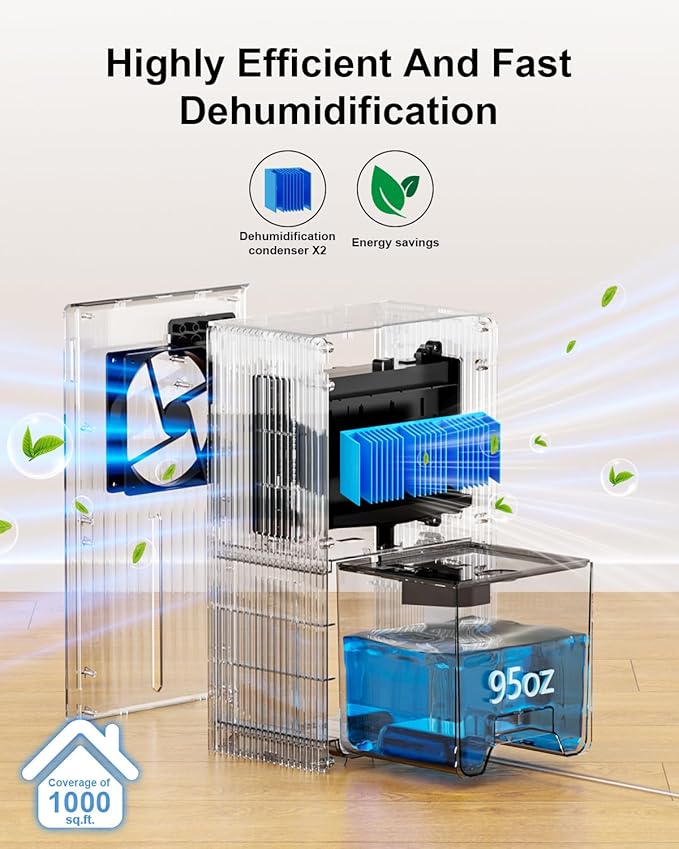 Dehumidifier for Home, 95 OZ Water Tank, (1000 sq.ft) Dehumidifiers for Bathroom Bedroom Basement with Drain Hose, Auto Shut Off Black