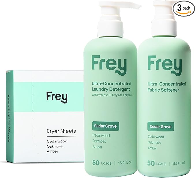 FREY The Complete Package - Concentrated Liquid Laundry Detergent, Fabric Softener, & Dryer Sheets (Cedar Grove)