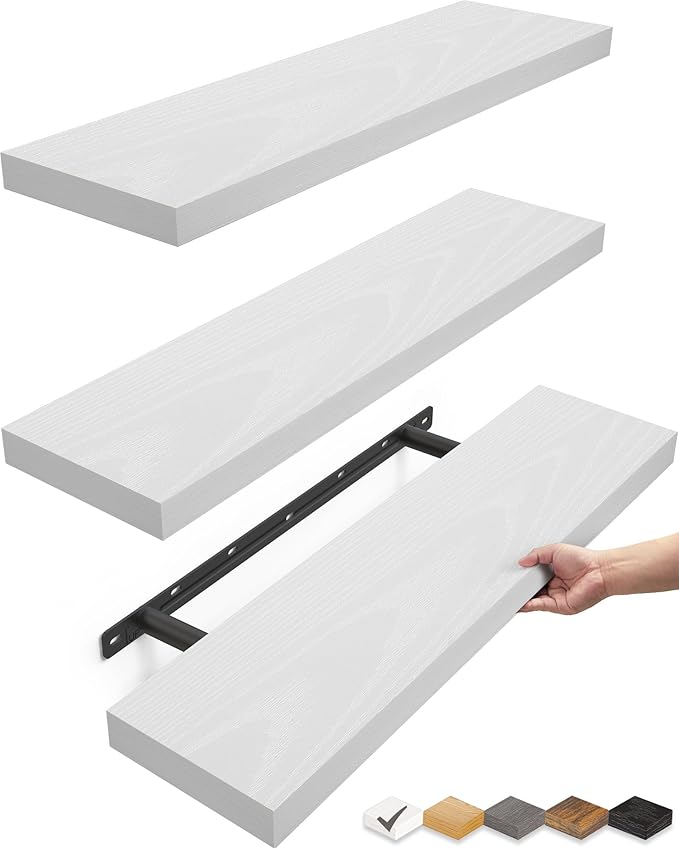 BAYKA White Floating Shelves for Wall, Set of 3, 22.5 Inches Wall Mounted Rustic Wood Shelves for Bathroom, Bedroom, Living Room or Kitchen, Hanging Shelf for Books/Storage/Decor/Display