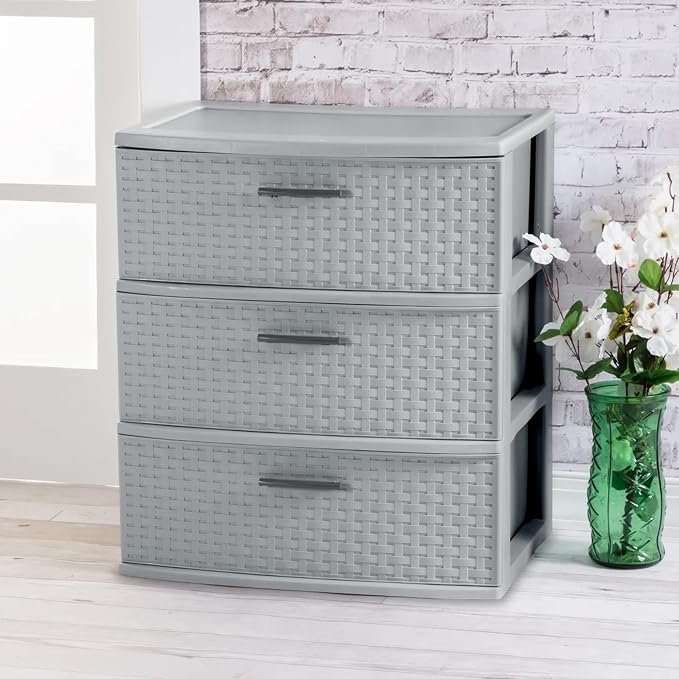 Sterilite 4 Pack 3 Drawer Wide Storage Tower, Weave Organizer, Cement | Lightweight Opaque Home Organization Container for Bedrooms, Closets, or Bathrooms