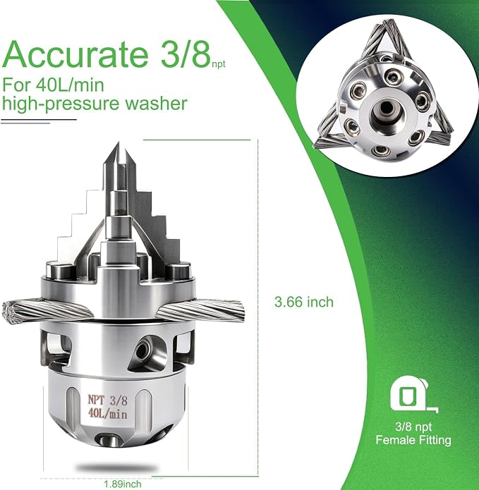 3/8 NPT Sewer Jetter Rotating Nozzle - Cutting Roots, for 2900 psi, 40L/Min (10.57GPM), High Pressure Drain Pipe Wall Cleaning Scraper Head for Pressure Washers