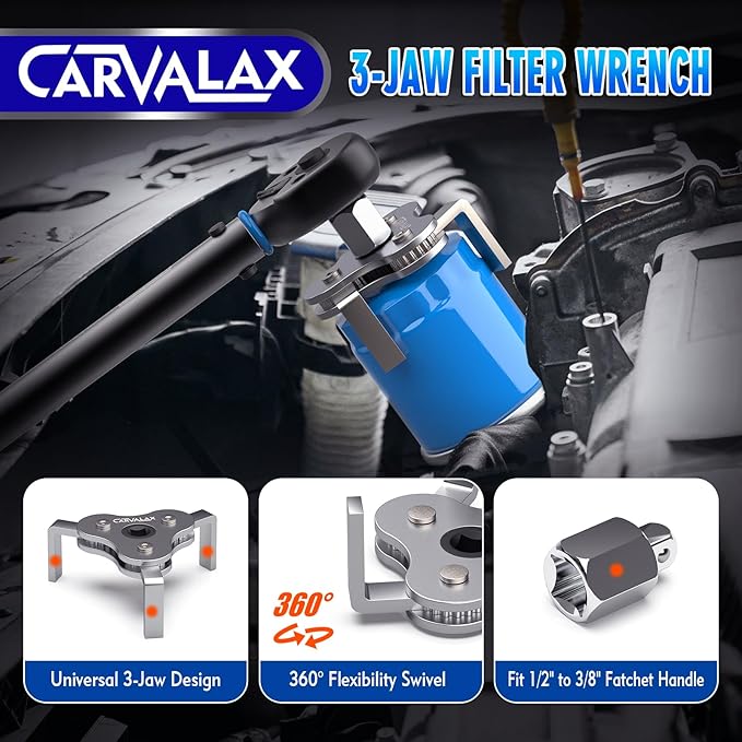 CARVALAX 8PCS Oil Filter Wrench Set – Stainless Steel Swivel Wrenches (1-3/4”to 5-1/4”), 9” & 12” Adjustable Pliers, Universal 3-Jaw Remover with Adapter, Organized in Storage Case for Auto Repair