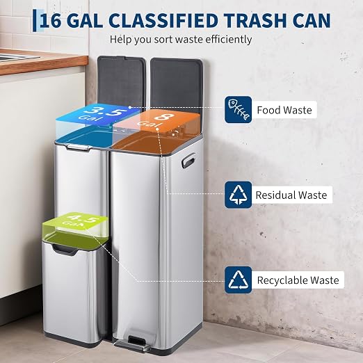 16 Gal Recycle Bins for Kitchen, Triple Compartment Garbage Can with Lid, Stainless Steel Trash and Recycling Bin Combo with Inner Bucket & Foldable Foot Pedal for Home Office, Silver