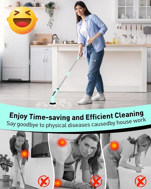 Shower Scrubber with Long Handle, Bathroom Cleaner Brush with 8 Floor Machine Pads, Cordless Electric Spin Scrubber for Cleaning with 2 Speed, Cleaning Supplies for Bathtub Kitchen Floor Mint