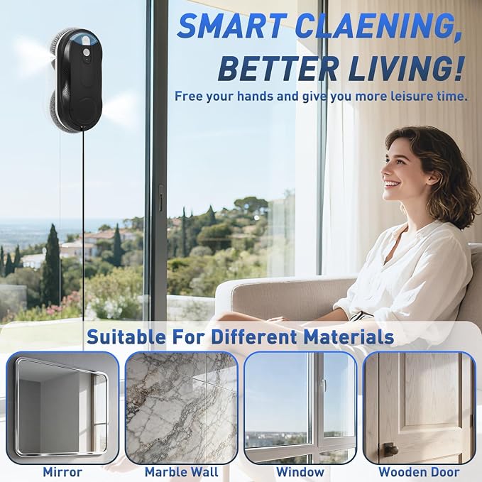 KKI Window Cleaning Robot, Automatic Window Cleaner Robot, Dual Spray, Max 3200Pa, AI Path Planning & Edge Detection, Remote Control for High-Rise Windows, Indoor/Outside,8Cloths