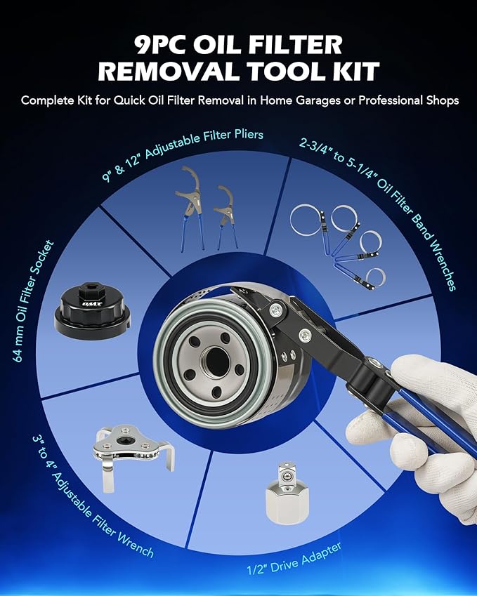 Orion Motor Tech Oil Filter Wrench Set, 9 Piece Oil Filter Removal Tool Kit with Adjustable Oil Filter Wrenches 2-3/4" to 5-1/4", 9" & 12" Pliers, 1/2" to 3/8" Adapter, Universal 3-Jaw Removal Tool