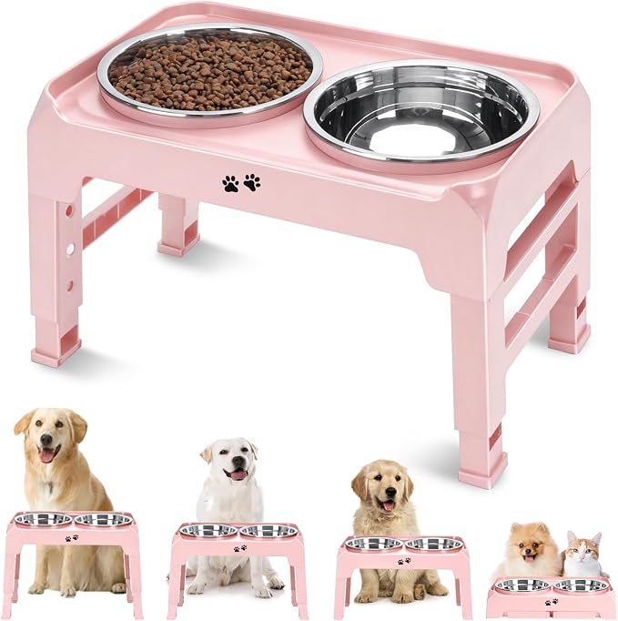 COMESOON Elevated Dog Bowls, 4 Height Adjustable Raised Bowl Stand with 2 Thick 50oz Stainless Steel Food Bowls Non-Slip Feeder Adjusts to 3.7'', 9.2'', 10.75'', 12.36'' Pink