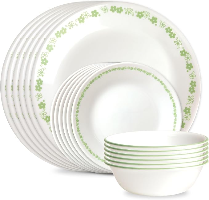 Corelle Vitrelle 18 Piece Glass Dinnerware Sets Service for 6, Triple Layer Chip & Crack Resistant Glass Plate and Bowl Sets, Spring Blossom Green