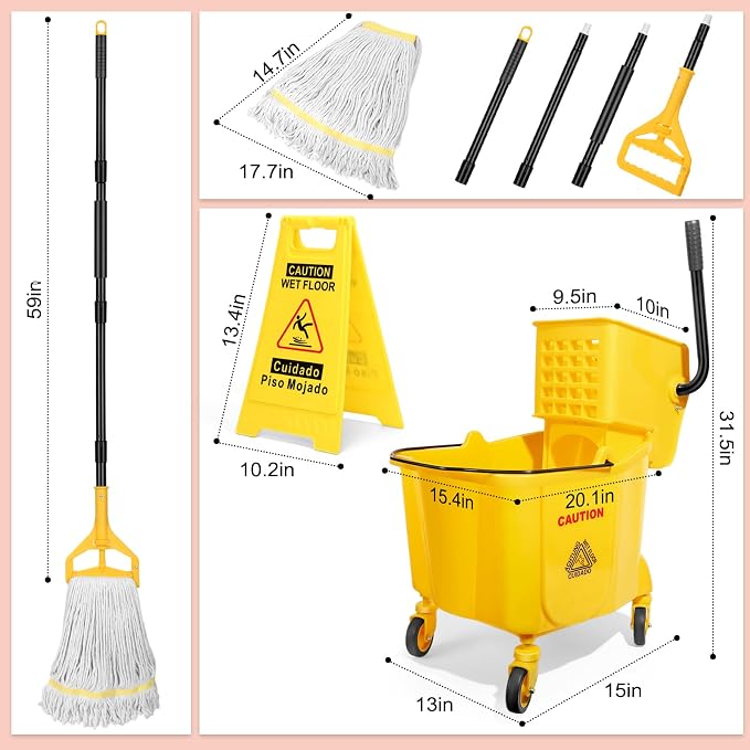 35 Qt Commercial Mop Bucket with Side Press Wringer on Wheels Set | Including 35 Quart Industrial Mop Bucket |1 Commercial Mop |1 Wet Floor Caution Sign | Yellow
