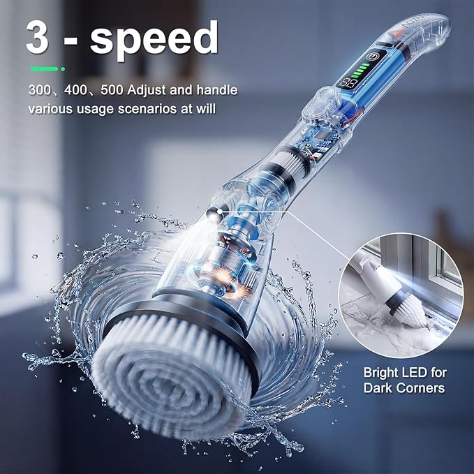 Cordless Electric Spin Scrubber with Extendable Long Handle | 3 Speed Modes, LED Light, 7 Replaceable Brush Heads, Works for Bathroom, Tub, Floor, Tile, Grout Cleaning