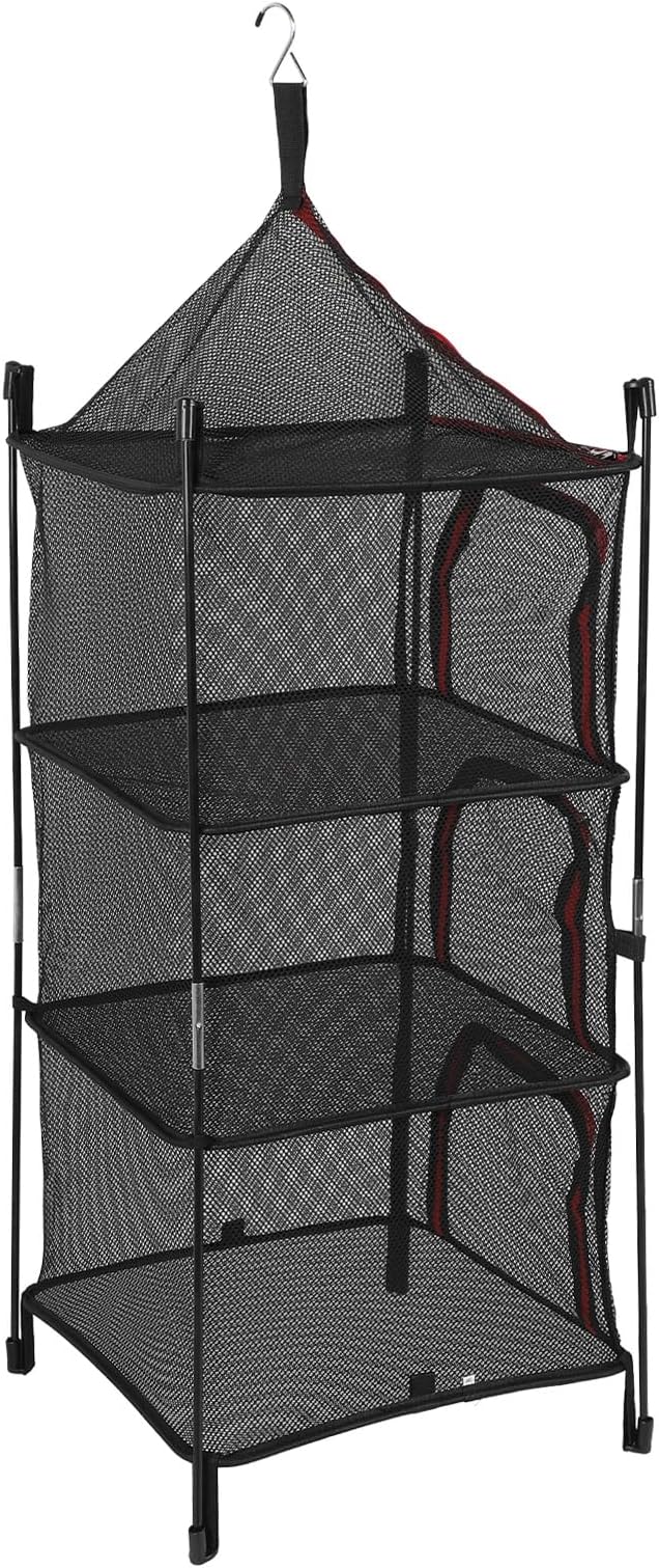 SIXRUN 4 Layer Hanging Mesh Drying Rack, Foldable Clothes Drying Net with Thickened Mesh Fabric for Camping Travel Home Storage (Red)