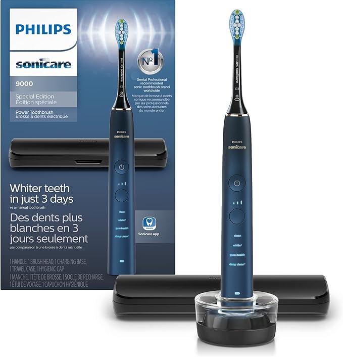 Philips Sonicare DiamondClean 9000 Electric Toothbrush - Sonic Toothbrush with App, Pressure Sensor, 12 Brushing Settings, Replacement Reminder, Charging Stand, Travel Case, Aquamarine, HX9911/92