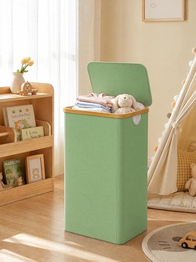 iEGrow Laundry Basket with Lid, 110L Large Laundry Hamper with Banboo Handle, Dirty Clothes Hamper with Removable Inner Bag for Laundry Room Organization- Green